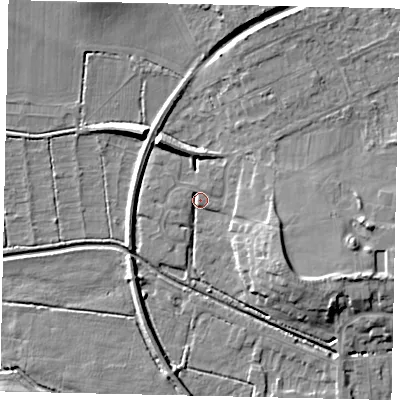 Shaded relief map of the ground around NG347AE, computed from Environment Agency LiDAR. The ground here sits at about 17 m above sea level and falls 9 m across the surrounding 800 m. Surface water reaching this point runs off ground lying to the east-south-east, 7.6 m higher.