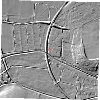 Shaded relief map of the ground around NG347BP, computed from Environment Agency LiDAR. The ground here sits at about 16 m above sea level and falls 9 m across the surrounding 800 m. Surface water reaching this point runs off ground lying to the north, 7.8 m higher.