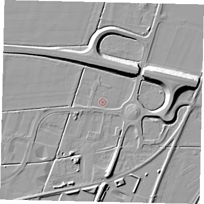 Shaded relief map of the ground around NG347BY, computed from Environment Agency LiDAR. The ground here sits at about 12 m above sea level and falls 10 m across the surrounding 800 m. Surface water reaching this point runs off ground lying to the west-south-west, 1.0 m higher.