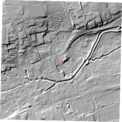 Shaded relief map of the ground around NG347DT, computed from Environment Agency LiDAR. The ground here sits at about 14 m above sea level and falls 12 m across the surrounding 800 m. Surface water reaching this point runs off ground lying to the north-west, 10.6 m higher.
