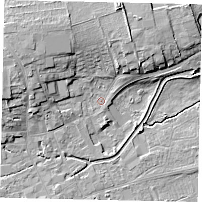 Shaded relief map of the ground around NG347DU, computed from Environment Agency LiDAR. The ground here sits at about 14 m above sea level and falls 12 m across the surrounding 800 m. Surface water reaching this point runs off ground lying to the north-north-east, 7.6 m higher.