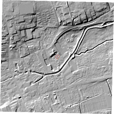 Shaded relief map of the ground around NG347EB, computed from Environment Agency LiDAR. The ground here sits at about 13 m above sea level and falls 12 m across the surrounding 800 m. Surface water reaching this point runs off ground lying to the north-west, 10.6 m higher.