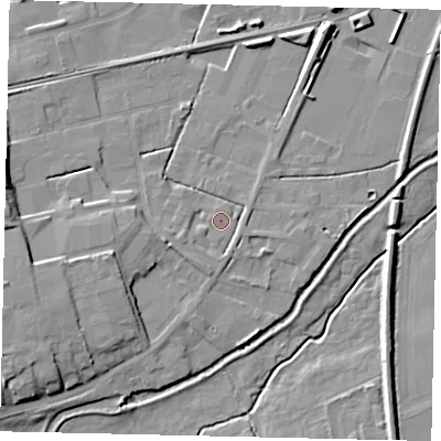 Shaded relief map of the ground around NG347EH, computed from Environment Agency LiDAR. The ground here sits at about 13 m above sea level and falls 12 m across the surrounding 800 m. Surface water reaching this point runs off ground lying to the west-south-west, 3.6 m higher.