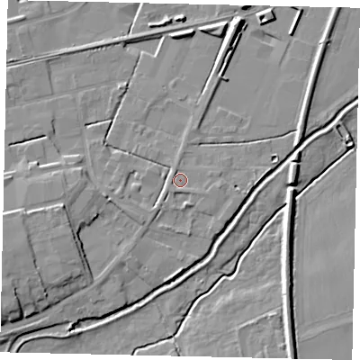 Shaded relief map of the ground around NG347EQ, computed from Environment Agency LiDAR. The ground here sits at about 13 m above sea level and falls 11 m across the surrounding 800 m. Surface water reaching this point runs off ground lying to the west, 1.1 m higher.