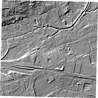 Shaded relief map of the ground around NG347ER, computed from Environment Agency LiDAR. The ground here sits at about 15 m above sea level and falls 10 m across the surrounding 800 m. Surface water reaching this point runs off ground lying to the south, 2.2 m higher.