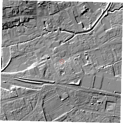 Shaded relief map of the ground around NG347ET, computed from Environment Agency LiDAR. The ground here sits at about 15 m above sea level and falls 10 m across the surrounding 800 m. Surface water reaching this point runs off ground lying to the south, 2.2 m higher.