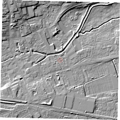 Shaded relief map of the ground around NG347HG, computed from Environment Agency LiDAR. The ground here sits at about 14 m above sea level and falls 12 m across the surrounding 800 m. Surface water reaching this point runs off ground lying to the south-south-west, 3.4 m higher.