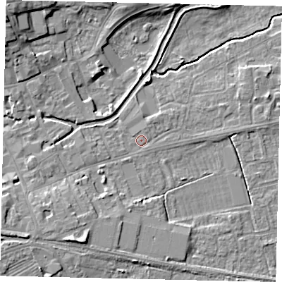 Shaded relief map of the ground around NG347HH, computed from Environment Agency LiDAR. The ground here sits at about 14 m above sea level and falls 10 m across the surrounding 800 m. Surface water reaching this point runs off ground lying to the south-west, 3.3 m higher.