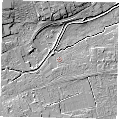 Shaded relief map of the ground around NG347HL, computed from Environment Agency LiDAR. The ground here sits at about 13 m above sea level and falls 12 m across the surrounding 800 m. Surface water reaching this point runs off ground lying to the south-south-east, 1.3 m higher.