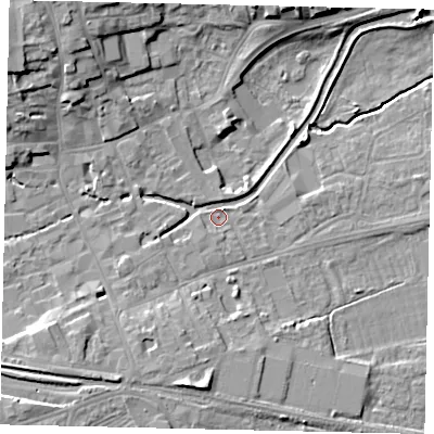 Shaded relief map of the ground around NG347HQ, computed from Environment Agency LiDAR. The ground here sits at about 14 m above sea level and falls 12 m across the surrounding 800 m. Surface water reaching this point runs off ground lying to the west-north-west, 2.4 m higher.