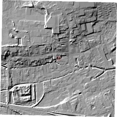 Shaded relief map of the ground around NG347PG, computed from Environment Agency LiDAR. The ground here sits at about 16 m above sea level and falls 10 m across the surrounding 800 m. Surface water reaching this point runs off ground lying to the west-north-west, 3.8 m higher.