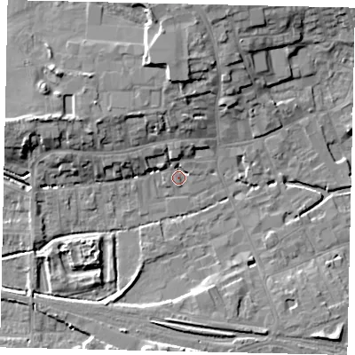 Shaded relief map of the ground around NG347PQ, computed from Environment Agency LiDAR. The ground here sits at about 15 m above sea level and falls 10 m across the surrounding 800 m. Surface water reaching this point runs off ground lying to the north-west, 3.8 m higher.
