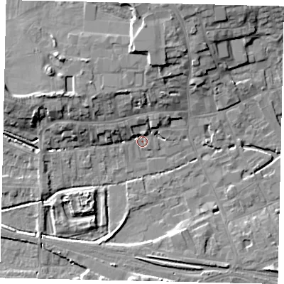 Shaded relief map of the ground around NG347PX, computed from Environment Agency LiDAR. The ground here sits at about 15 m above sea level and falls 10 m across the surrounding 800 m. Surface water reaching this point runs off ground lying to the west-north-west, 4.2 m higher.