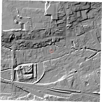 Shaded relief map of the ground around NG347PY, computed from Environment Agency LiDAR. The ground here sits at about 15 m above sea level and falls 10 m across the surrounding 800 m. Surface water reaching this point runs off ground lying to the west-north-west, 5.1 m higher.