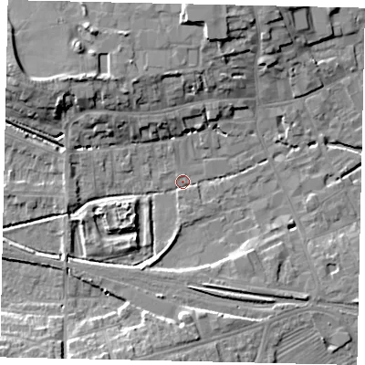 Shaded relief map of the ground around NG347PZ, computed from Environment Agency LiDAR. The ground here sits at about 14 m above sea level and falls 10 m across the surrounding 800 m. Surface water reaching this point runs off ground lying to the north-west, 5.1 m higher.