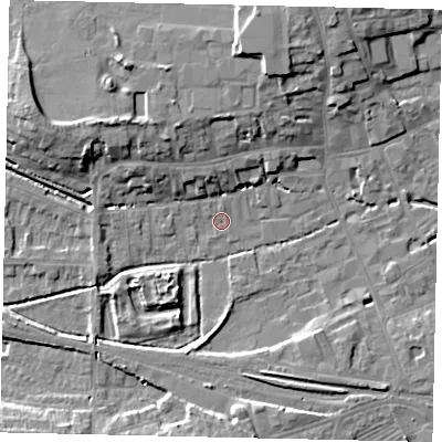 Shaded relief map of the ground around NG347QA, computed from Environment Agency LiDAR. The ground here sits at about 15 m above sea level and falls 10 m across the surrounding 800 m. Surface water reaching this point runs off ground lying to the west-north-west, 5.1 m higher.