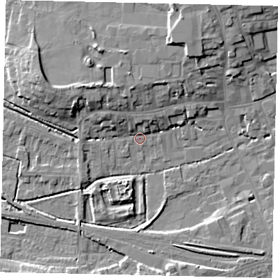 Shaded relief map of the ground around NG347QB, computed from Environment Agency LiDAR. The ground here sits at about 15 m above sea level and falls 10 m across the surrounding 800 m. Surface water reaching this point runs off ground lying to the north-north-west, 3.7 m higher.