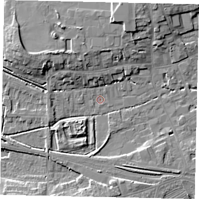 Shaded relief map of the ground around NG347QD, computed from Environment Agency LiDAR. The ground here sits at about 14 m above sea level and falls 9 m across the surrounding 800 m. Surface water reaching this point runs off ground lying to the north-west, 5.1 m higher.