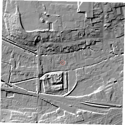Shaded relief map of the ground around NG347QE, computed from Environment Agency LiDAR. The ground here sits at about 14 m above sea level and falls 9 m across the surrounding 800 m. Surface water reaching this point runs off ground lying to the north-west, 5.1 m higher.