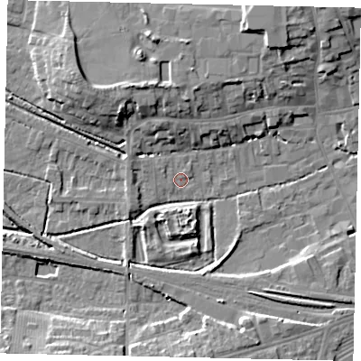 Shaded relief map of the ground around NG347QF, computed from Environment Agency LiDAR. The ground here sits at about 15 m above sea level and falls 10 m across the surrounding 800 m. Surface water reaching this point runs off ground lying to the north-north-west, 5.1 m higher.