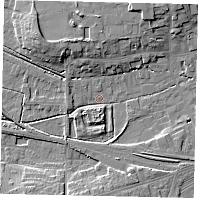 Shaded relief map of the ground around NG347QG, computed from Environment Agency LiDAR. The ground here sits at about 14 m above sea level and falls 10 m across the surrounding 800 m. Surface water reaching this point runs off ground lying to the north-north-west, 5.1 m higher.