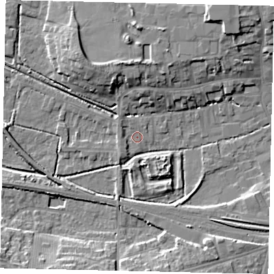 Shaded relief map of the ground around NG347QH, computed from Environment Agency LiDAR. The ground here sits at about 15 m above sea level and falls 11 m across the surrounding 800 m. Surface water reaching this point runs off ground lying to the west-north-west, 1.6 m higher.