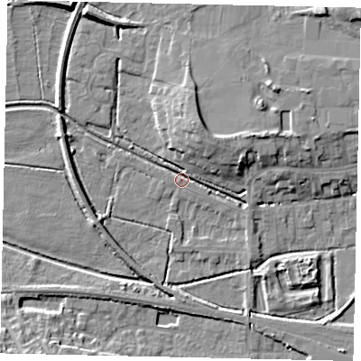 Shaded relief map of the ground around NG347QJ, computed from Environment Agency LiDAR. The ground here sits at about 16 m above sea level and falls 11 m across the surrounding 800 m. Surface water reaching this point runs off ground lying to the east-north-east, 8.4 m higher.