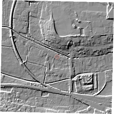 Shaded relief map of the ground around NG347QL, computed from Environment Agency LiDAR. The ground here sits at about 15 m above sea level and falls 12 m across the surrounding 800 m. Surface water reaching this point runs off ground lying to the east-south-east, 1.7 m higher.