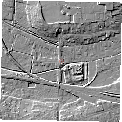 Shaded relief map of the ground around NG347QN, computed from Environment Agency LiDAR. The ground here sits at about 16 m above sea level and falls 12 m across the surrounding 800 m. Surface water reaching this point runs off ground lying to the north, 1.6 m higher.