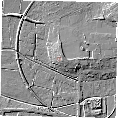 Shaded relief map of the ground around NG347QP, computed from Environment Agency LiDAR. The ground here sits at about 21 m above sea level and falls 9 m across the surrounding 800 m. Surface water reaching this point runs off ground lying to the north-east, 2.4 m higher.