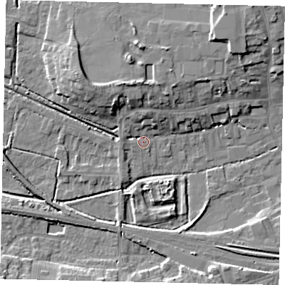 Shaded relief map of the ground around NG347QQ, computed from Environment Agency LiDAR. The ground here sits at about 15 m above sea level and falls 9 m across the surrounding 800 m. Surface water reaching this point runs off ground lying to the north, 5.1 m higher.