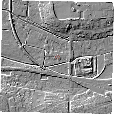Shaded relief map of the ground around NG347QW, computed from Environment Agency LiDAR. The ground here sits at about 16 m above sea level and falls 13 m across the surrounding 800 m. Surface water reaching this point runs off ground lying to the west-north-west, 1.0 m higher.