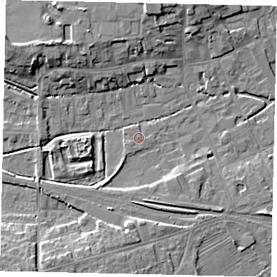 Shaded relief map of the ground around NG347RF, computed from Environment Agency LiDAR. The ground here sits at about 15 m above sea level and falls 10 m across the surrounding 800 m. The ground contributing surface water to this point lies to the south-west.