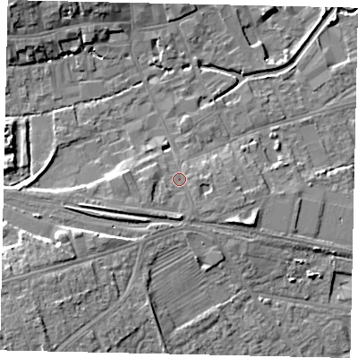 Shaded relief map of the ground around NG347RL, computed from Environment Agency LiDAR. The ground here sits at about 16 m above sea level and falls 10 m across the surrounding 800 m. Surface water reaching this point runs off ground lying to the south, 1.8 m higher.