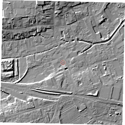 Shaded relief map of the ground around NG347RR, computed from Environment Agency LiDAR. The ground here sits at about 14 m above sea level and falls 10 m across the surrounding 800 m. Surface water reaching this point runs off ground lying to the south-south-east, 4.0 m higher.