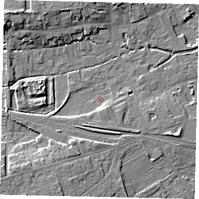 Shaded relief map of the ground around NG347RS, computed from Environment Agency LiDAR. The ground here sits at about 15 m above sea level and falls 10 m across the surrounding 800 m. Surface water reaching this point runs off ground lying to the south-south-east, 2.8 m higher.