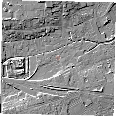 Shaded relief map of the ground around NG347RU, computed from Environment Agency LiDAR. The ground here sits at about 15 m above sea level and falls 10 m across the surrounding 800 m. Surface water reaching this point runs off ground lying to the south-west, 5.4 m higher.