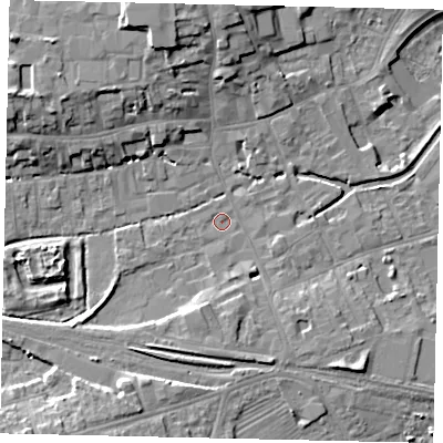 Shaded relief map of the ground around NG347RY, computed from Environment Agency LiDAR. The ground here sits at about 14 m above sea level and falls 10 m across the surrounding 800 m. Surface water reaching this point runs off ground lying to the south-west, 6.2 m higher.