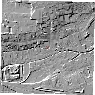 Shaded relief map of the ground around NG347RZ, computed from Environment Agency LiDAR. The ground here sits at about 15 m above sea level and falls 11 m across the surrounding 800 m. Surface water reaching this point runs off ground lying to the north, 9.5 m higher.