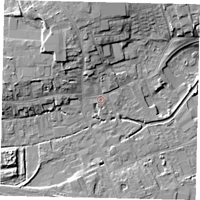 Shaded relief map of the ground around NG347SR, computed from Environment Agency LiDAR. The ground here sits at about 15 m above sea level and falls 11 m across the surrounding 800 m. Surface water reaching this point runs off ground lying to the north-north-west, 4.4 m higher.