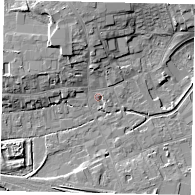 Shaded relief map of the ground around NG347ST, computed from Environment Agency LiDAR. The ground here sits at about 15 m above sea level and falls 11 m across the surrounding 800 m. Surface water reaching this point runs off ground lying to the north-north-west, 9.2 m higher.