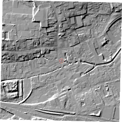 Shaded relief map of the ground around NG347SU, computed from Environment Agency LiDAR. The ground here sits at about 14 m above sea level and falls 10 m across the surrounding 800 m. Surface water reaching this point runs off ground lying to the north-north-west, 9.3 m higher.