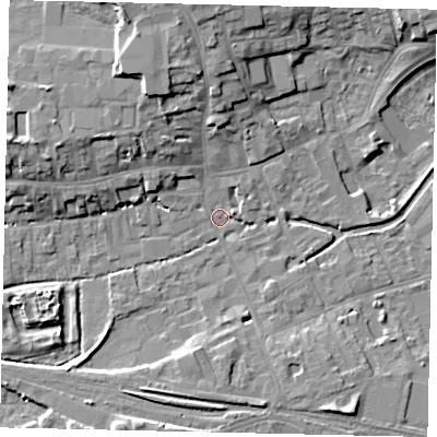 Shaded relief map of the ground around NG347SX, computed from Environment Agency LiDAR. The ground here sits at about 14 m above sea level and falls 10 m across the surrounding 800 m. Surface water reaching this point runs off ground lying to the north-north-west, 9.3 m higher.
