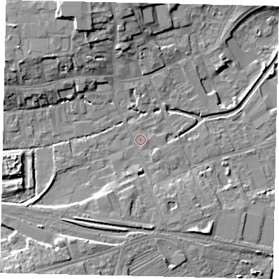 Shaded relief map of the ground around NG347SY, computed from Environment Agency LiDAR. The ground here sits at about 14 m above sea level and falls 11 m across the surrounding 800 m. Surface water reaching this point runs off ground lying to the south-west, 6.2 m higher.