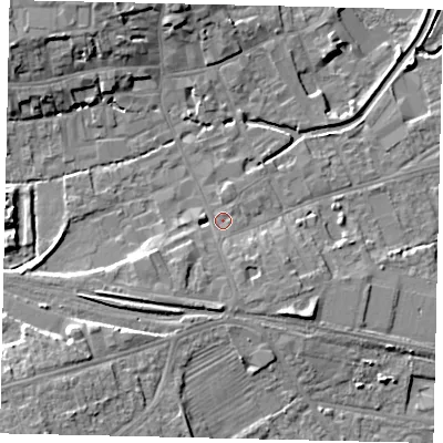 Shaded relief map of the ground around NG347TA, computed from Environment Agency LiDAR. The ground here sits at about 15 m above sea level and falls 10 m across the surrounding 800 m. Surface water reaching this point runs off ground lying to the west-south-west, 3.9 m higher.