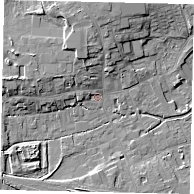 Shaded relief map of the ground around NG347TB, computed from Environment Agency LiDAR. The ground here sits at about 15 m above sea level and falls 11 m across the surrounding 800 m. Surface water reaching this point runs off ground lying to the north, 8.3 m higher.