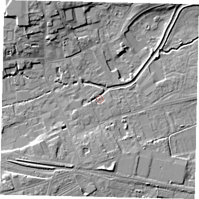 Shaded relief map of the ground around NG347TL, computed from Environment Agency LiDAR. The ground here sits at about 14 m above sea level and falls 12 m across the surrounding 800 m. Surface water reaching this point runs off ground lying to the south-west, 2.2 m higher.