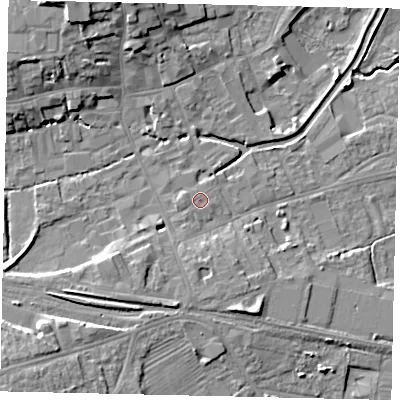 Shaded relief map of the ground around NG347TQ, computed from Environment Agency LiDAR. The ground here sits at about 15 m above sea level and falls 11 m across the surrounding 800 m. Surface water reaching this point runs off ground lying to the west, 0.6 m higher.