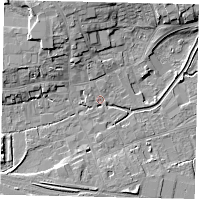 Shaded relief map of the ground around NG347TR, computed from Environment Agency LiDAR. The ground here sits at about 14 m above sea level and falls 12 m across the surrounding 800 m. Surface water reaching this point runs off ground lying to the north, 2.3 m higher.