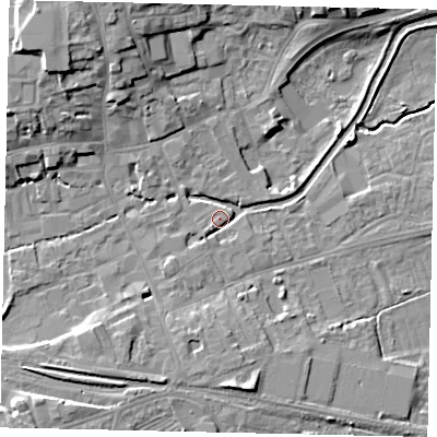 Shaded relief map of the ground around NG347TT, computed from Environment Agency LiDAR. The ground here sits at about 15 m above sea level and falls 12 m across the surrounding 800 m. Surface water reaching this point runs off ground lying to the south-west, 2.2 m higher.